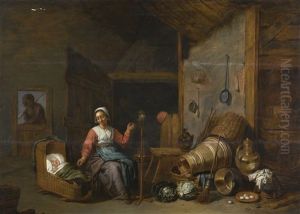 Interior With A Mother Spinning Yarn By A Cradle