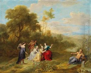 A Wooded Landscape With A Mythological Scene by Abraham Willemsens