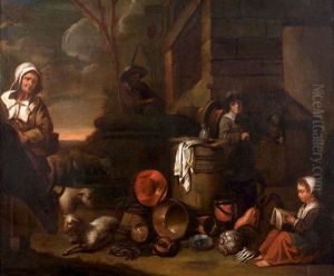 Famille De Paysans Devant Une Chaumiere Et Nature Morte Aux Cuivres
