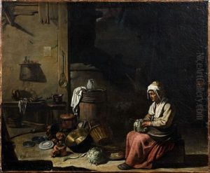 Vieille Femme Dans Un Interieur De Cuisine