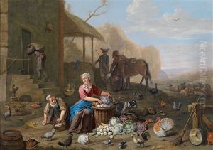 Zwei Marktfrauen Beim Auflesen Ihrer Waren