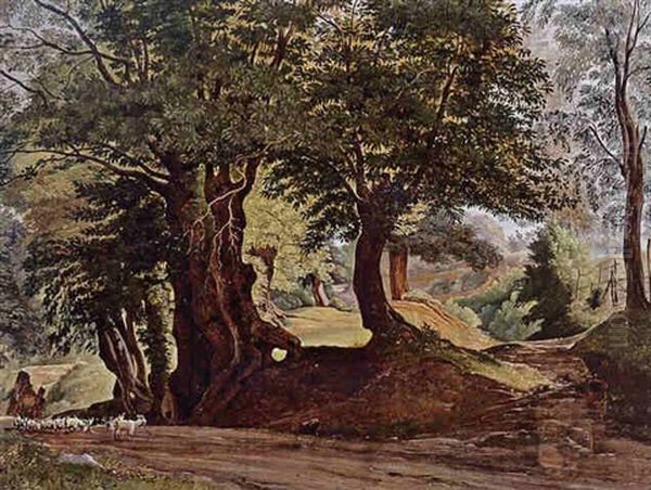 A Wooded Landscape With Goats On A Path Near Ariccia - view 1