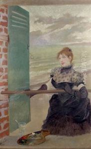 Femme En Robe Noire A La Fenetre D'un Peintre, Devant La Mer by Adolphe Willette