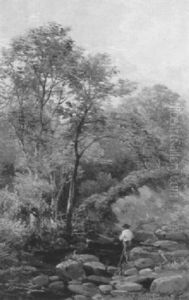 Angler An Einem Steiningen Bach Mit Drei Baumen