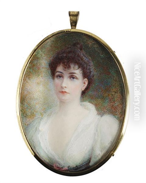 A Lady, Wearing White Dress With Purple And Mauve Sash To Her Waist, Her Raven Hair Curled And Upswept - view 1