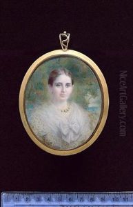 A Lady Wearing White Dress With Lace Trimmed Wide Collar Tied With A Bow And Gold And Jade Necklace, Woodland Background