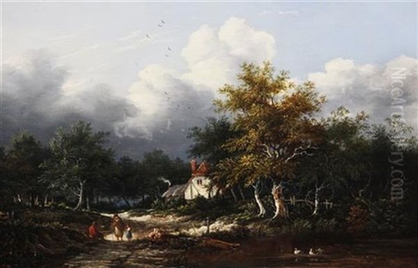 Travellers Passing A Cottage In A Wooded Landscape - view 1