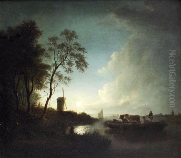 Moonlight River Landscape With Figures And Cattle On A Ferry And Windmill - view 1