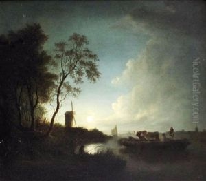 Moonlight River Landscape With Figures And Cattle On A Ferry And Windmill