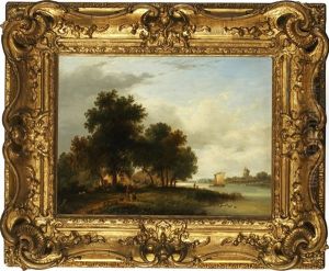 A River Bank With Man And Child Before A Cottage, A Sailing Barge Beyond