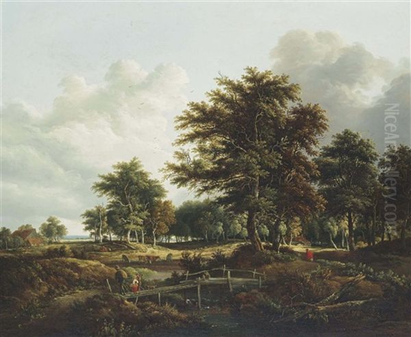 A Wooded Landscape With Travelers On A Bridge - view 1