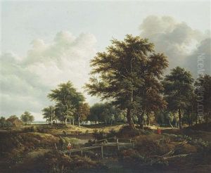 A Wooded Landscape With Travelers On A Bridge by Edward Williams