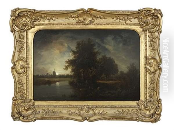 Moonlit Riverscape With Figures Boating - view 1