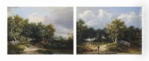 A Drover And His Flock On A Wooded Path (+ Travellers On A Country Road; Pair)