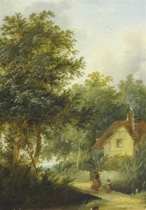 Figures Crossing A Footbridge By A Cottage by Edward Williams