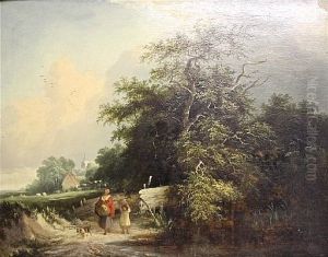 Mother And Child On A Country Lane (+ Travelers Resting; Pair) by Edward Williams
