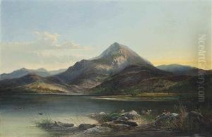 A Mountainous Landscape, Early Evening, Goat Herders And Their Flock Resting In The Foreground