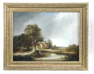 Views In Byfleet, Surrey, With Children On A Rowing Boat; And Children Walking By A Cottage (a Pair)