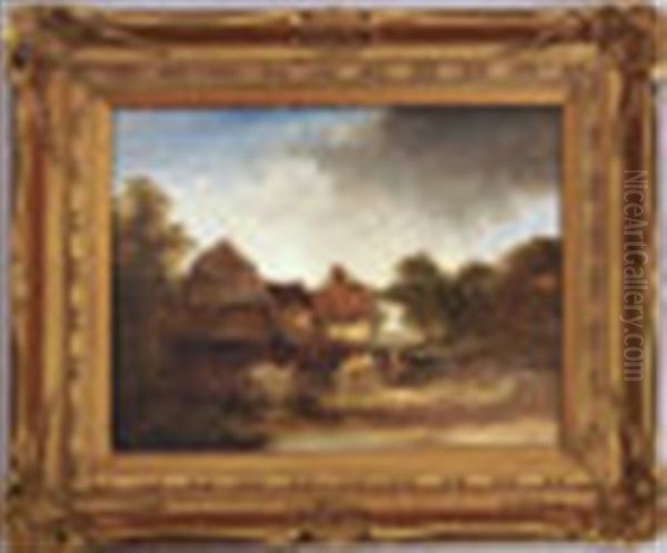 Figures By A Gate With An Old Cottage, Woodland And A Stream - view 1