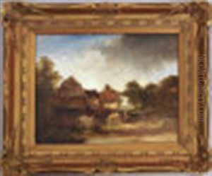 Figures By A Gate With An Old Cottage, Woodland And A Stream by Edward Charles Williams