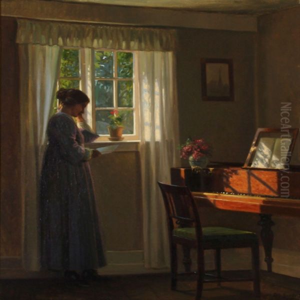Woman Reading A Letter In A Sunny Living Room - view 1
