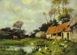 Cottage In A Summer Landscape With Animals by Frederick Dickinson Williams