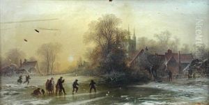 Children Playing On A Frozen Pond, A Church And Manor House Beyond; Highland Landscape With Fisherman, By Another Hand (2 Works)