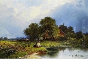Woodcutters In A Landscape (+ Fishermen In A Landscape; Pair) by George Augustus Williams