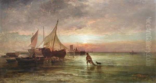 A Fisherboy With His Dog Bringing Home The Catch At Dusk With A Beached Fishing Boat - view 1