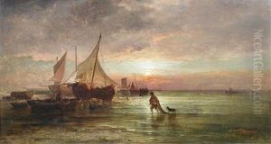 A Fisherboy With His Dog Bringing Home The Catch At Dusk With A Beached Fishing Boat