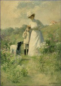 Woman And Young Boy With A Dog On A Flowered Hillside by Mary Belle Williams
