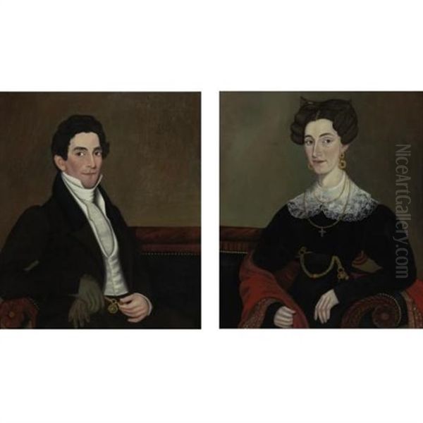 Portrait Of A Gentleman With Doeskin Gloves, Gold Watch And Watch Winder (+ Portrait Of A Lady With Jewels And Paisley Shawl; Pair) - view 1