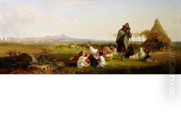 Scene In The Campagna, Rome, Looking Towards The Alban Hills And The Claudian Aquaduct - view 1