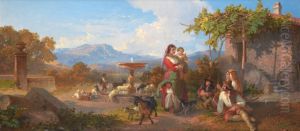 A Peasant Family By A Fountain In An Italian Landscape
