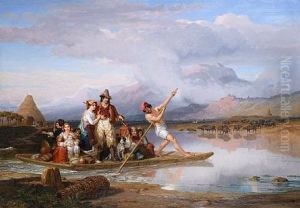 A Ferry On The Ninfa, Sermoneta In The Distance - A Scene In The Pontine Marshes, Near Rome by Penry Williams