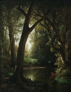 Pond In Wooded Landscape by Virgil Williams