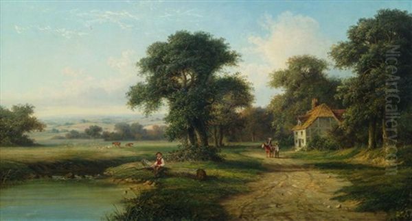 A River Landscape With Boy Seated On A Bank Fishing And Pastoral Landscape With A Mother And Child On A Country Lane With A Cottage, Woodland And Grazing Sheep - view 1