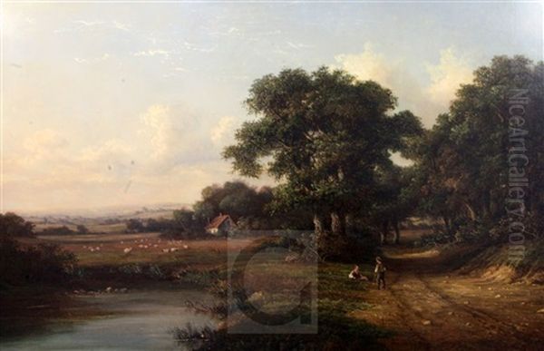 Boys Beside A Pond In An Extensive Landscape - view 1
