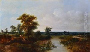 River Scene With A Boy Angling And Cows The Other Side Of The River by Walter Heath Williams