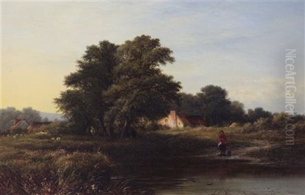 River Landscape With Figure At A Ford And Sheep Beyond - view 1