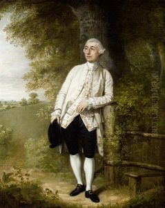 Portrait Of A Gentleman In A White Coat And Embroidered Waistcoat, Holding A Black Hat, Standing Before A Landscape Portrait Of A Gentleman In A White Coat And Embroidered Waistcoat, Holding A Black Hat, Standing Before A Landscape