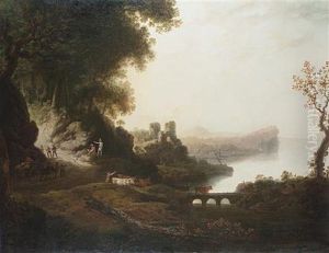 A Mountainous River Landscape With Soldiers On A Country Path And A Drover With His Cattle Crossing A Bridge