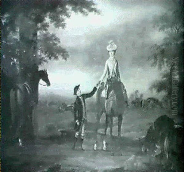 Portrait Of A Lady In A Blue And White Riding Habit, Seated Side Saddle On Her Chestnut Horse... - view 1