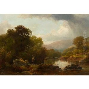 River Landscape With A Fisherman by William (of Plymouth) Williams