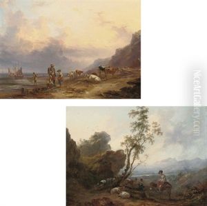 Fisherfolk And Cattle On The Seasore (+ A Mountainous Landscape; Pair) Fisherfolk And Cattle On The Seasore (+ A Mountainous Landscape; Pair)