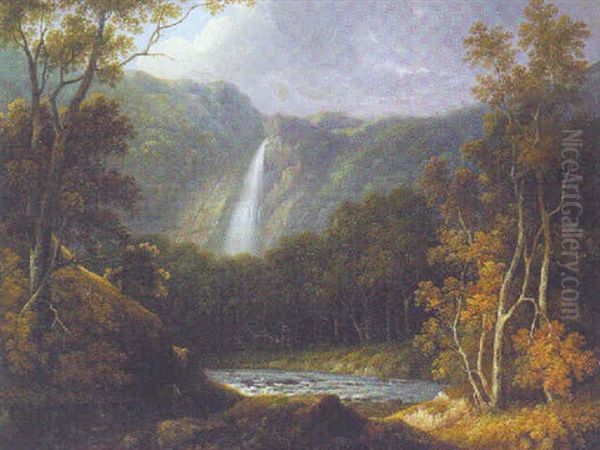 Figures On A Path In A Wooded River Landscape, A Waterfall Beyond - view 1