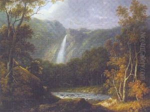 Figures On A Path In A Wooded River Landscape, A Waterfall Beyond Figures On A Path In A Wooded River Landscape, A Waterfall Beyond