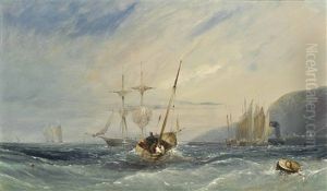 A Blustery Day Off The North East Coast With Fishermen Dragging In Their Nets In The Foreground by William Henry Williamson
