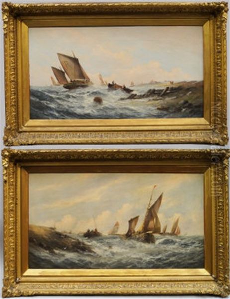 Fishing Boats Off The Shore In Choppy Waters (pair) - view 1