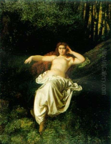 Reclining Semi-draped Female Nude In Woodland - view 1
